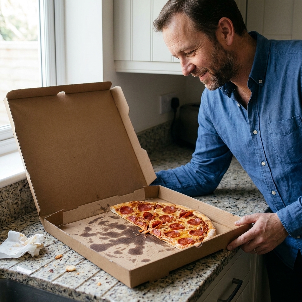 A pizza box on a kitchen counter with visible grease stains on the bottom panel and a cleaner lid propped open