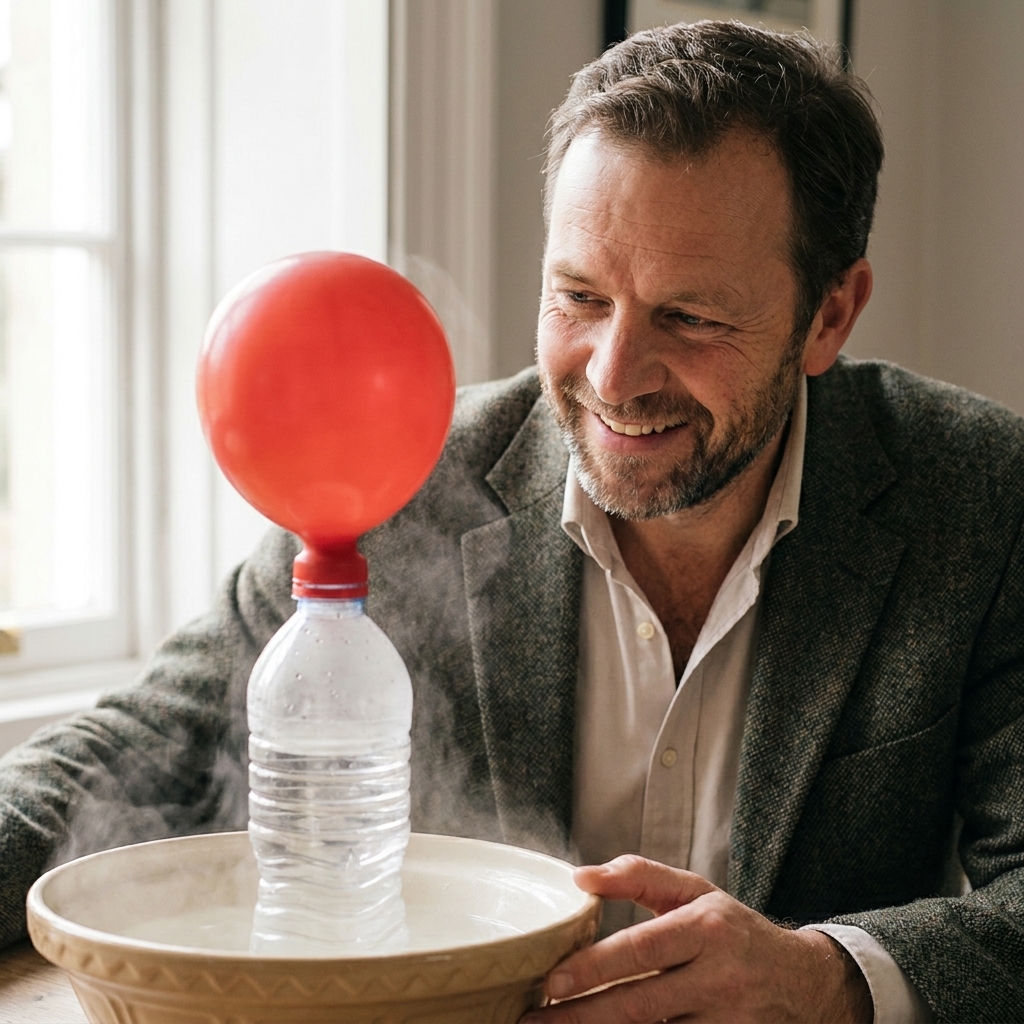 A plastic bottle sitting in a bowl of hot water with a balloon stretched over the bottle opening, the balloon partially inflated as the air inside warms