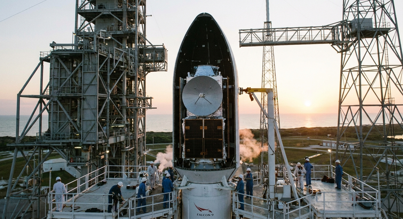 A precipitation-monitoring satellite mounted on a rocket at a launch pad, with technicians and service structures nearby