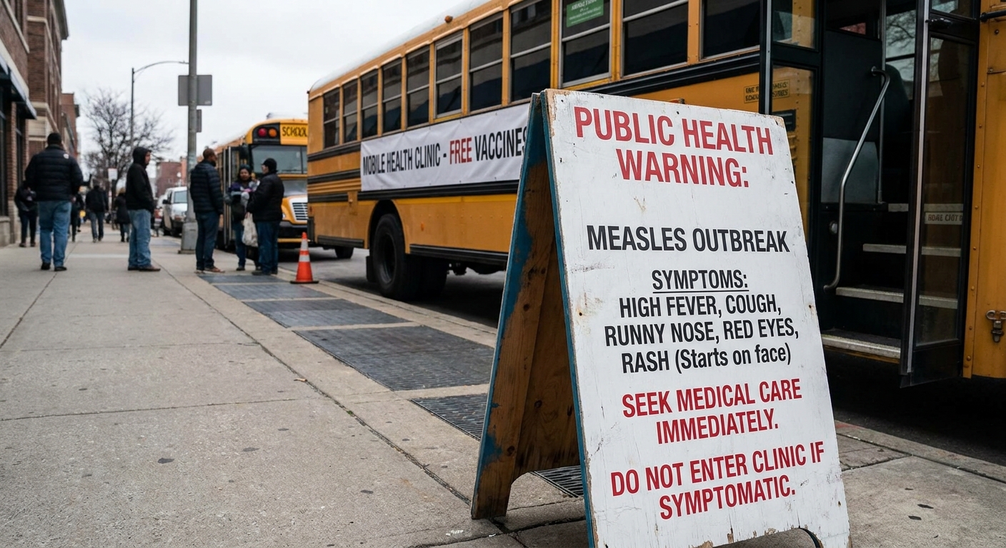 A public health warning sign outdoors listing measles symptoms near a mobile clinic entrance