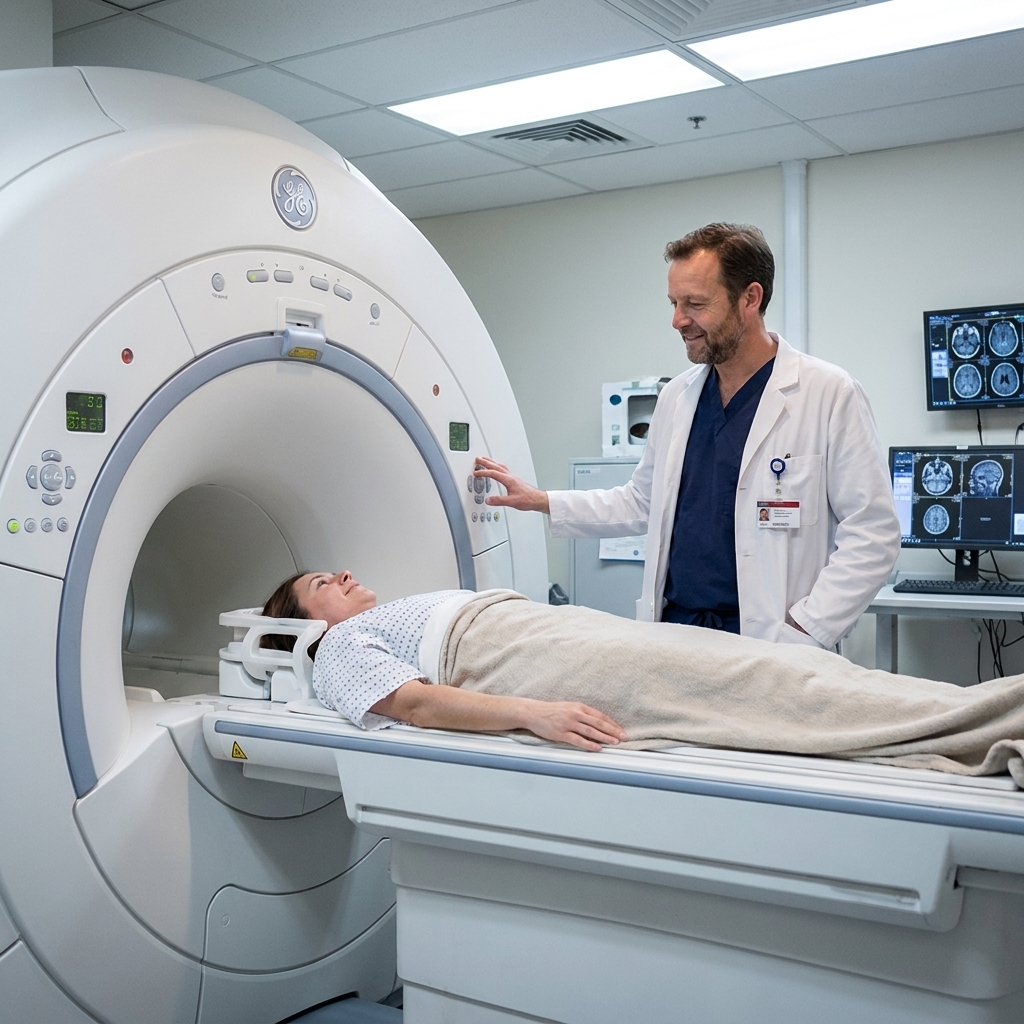 A radiology technician standing beside an MRI scanner while a patient lies on the scanning table