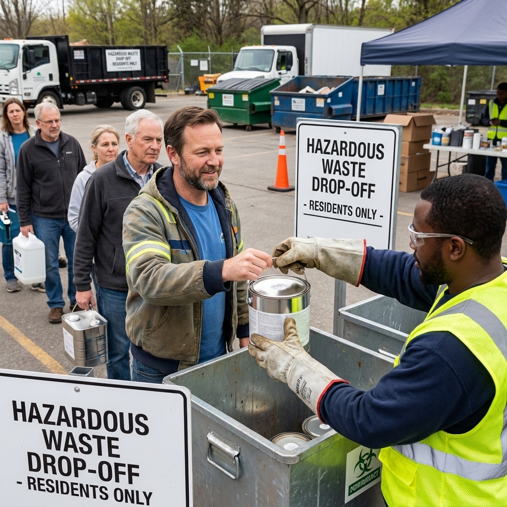 A real community hazardous waste drop-off location where a resident hands a sealed paint can to a worker wearing protective gloves during daytime