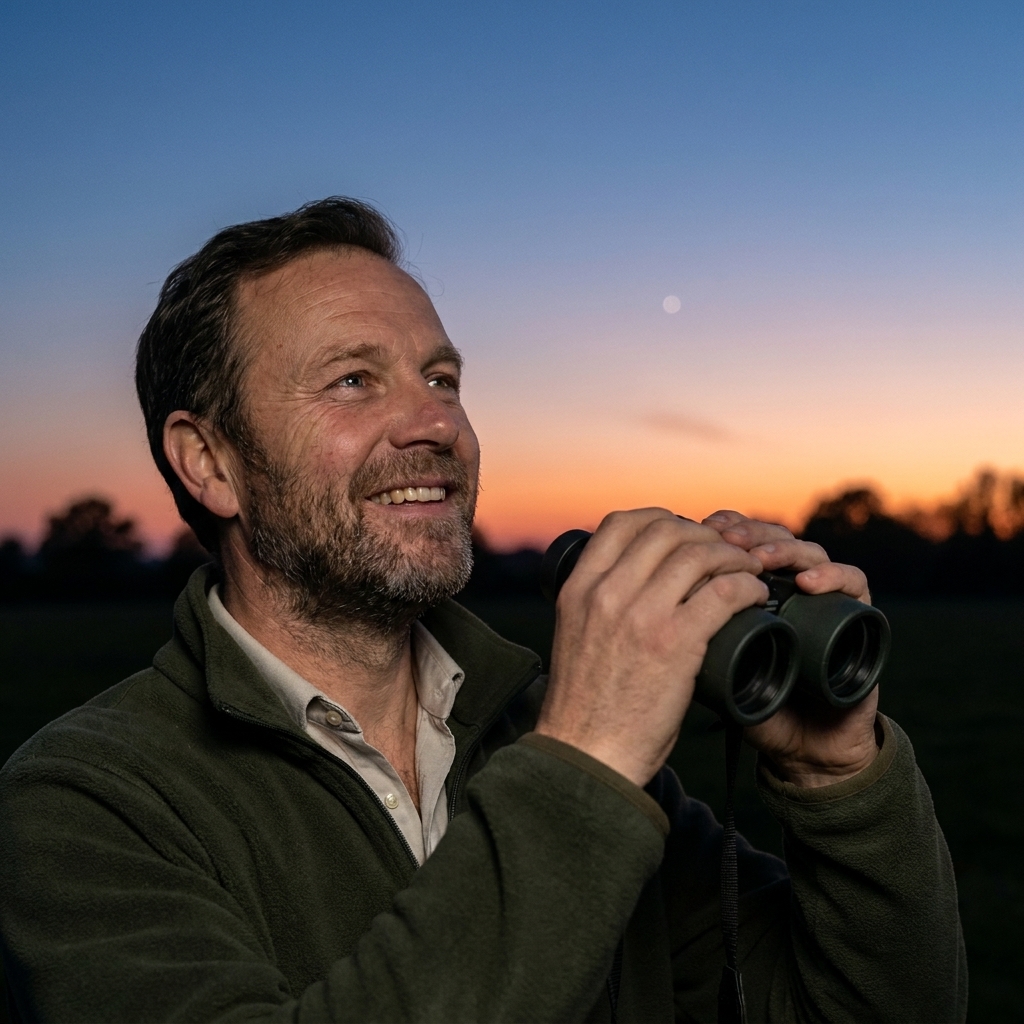 A real dusk sky photo with a clear western horizon, a faint bright point of Mercury above the sunset glow, and silhouettes of distant trees