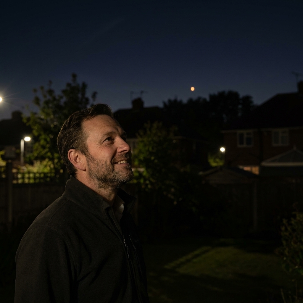 A real night photograph showing a dark sky with a distinct orange point of Mars above a quiet suburban treeline