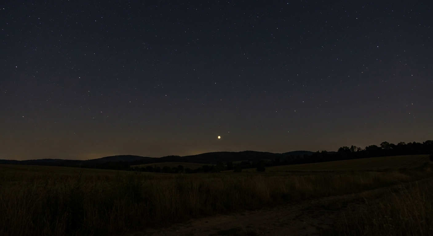 A real night photograph showing a steady pale yellow point of Saturn above a rural horizon under a clear dark sky