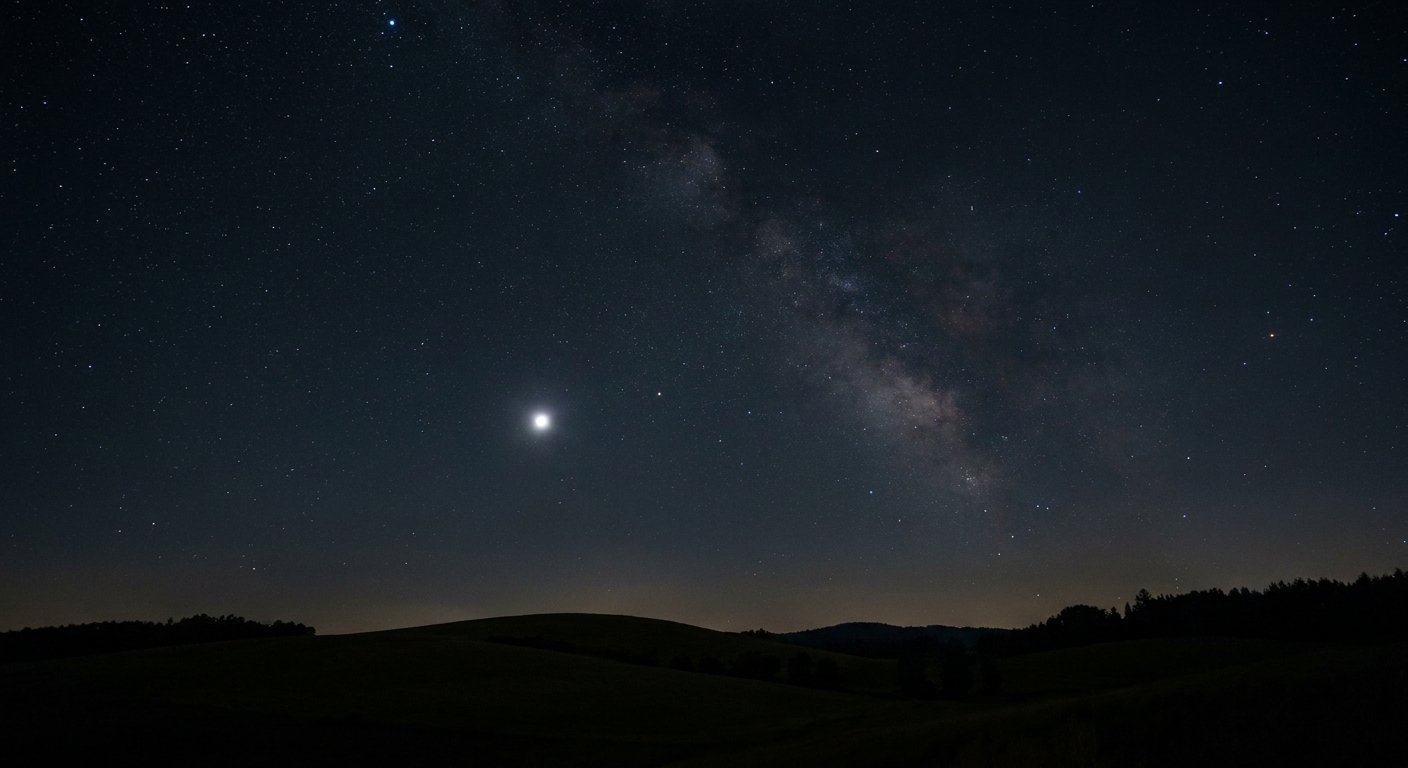 A real night-sky photo with Jupiter appearing as a bright steady point above a dark landscape with faint stars around it