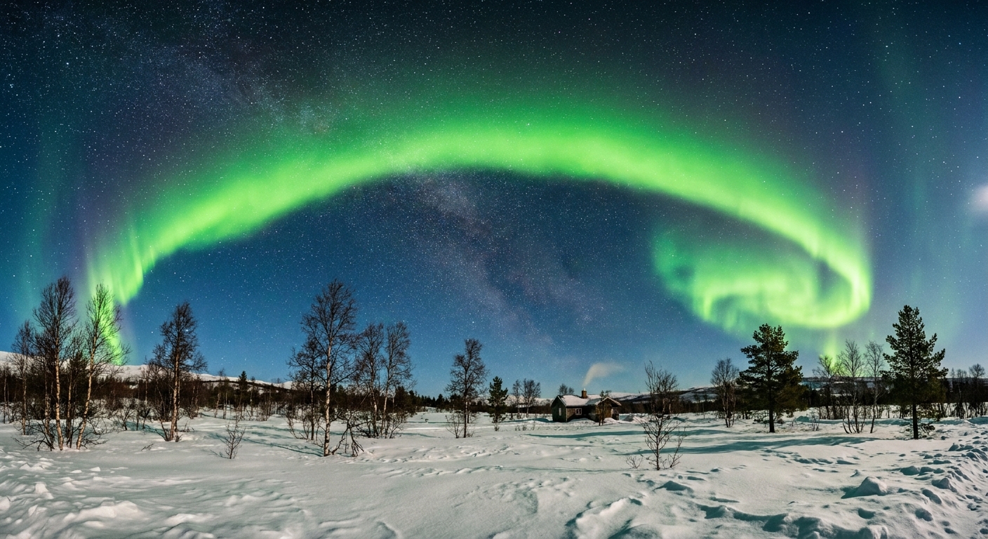 A real nighttime photograph of a bright green aurora arch stretching across the sky near Abisko, Sweden, above a snowy open field with scattered trees and visible stars