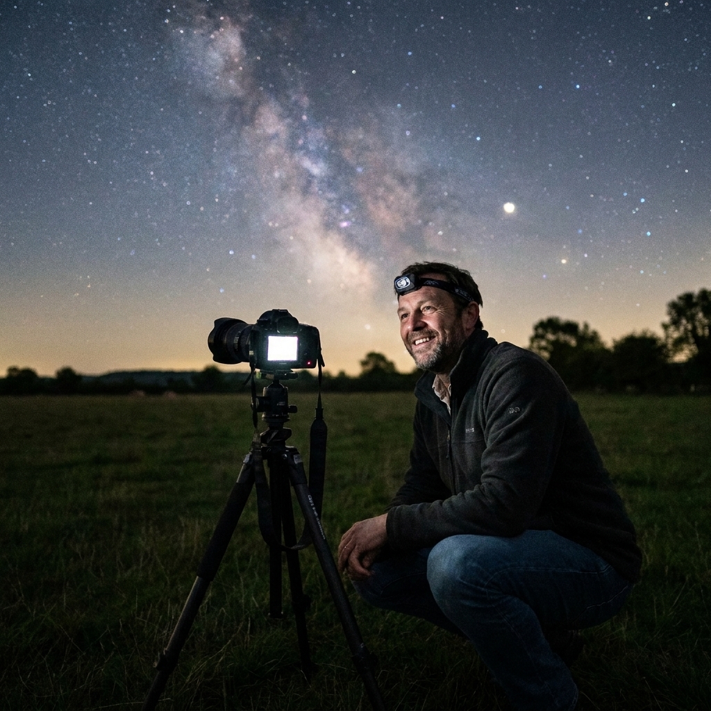 A real nighttime photograph of a camera on a tripod set up in a dark field pointed toward a starry sky