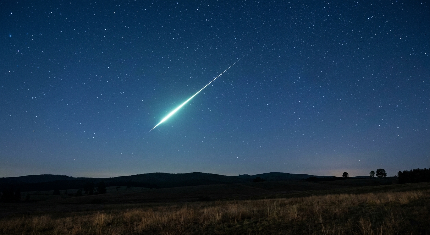 A real nighttime photograph of a single bright meteor streaking over a quiet landscape under a crisp star-filled sky