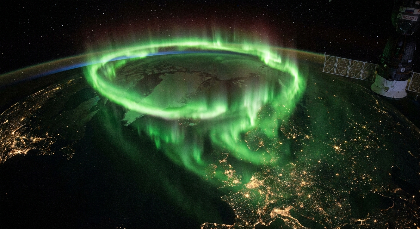 A real photograph from orbit showing Earth at night with a bright green auroral oval wrapping near the polar region, with city lights faintly visible on the dark surface
