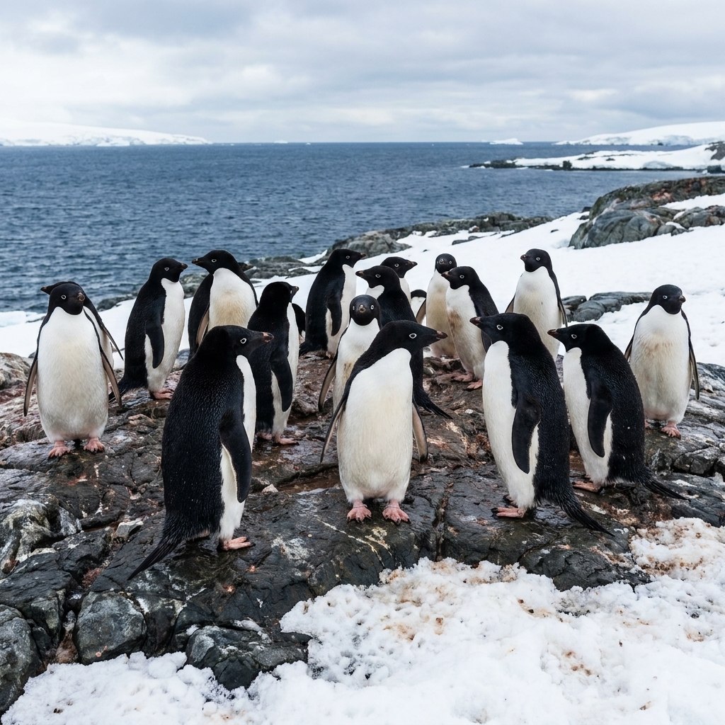 A real photograph of a group of Adélie penguins standing on rocky ground near snow patches, with the ocean in the distance