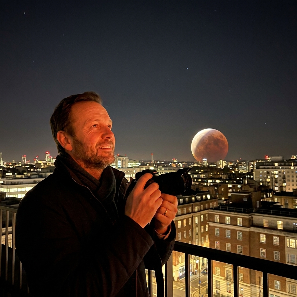 A real photograph of a partially eclipsed Moon rising above a city skyline at night under a clear sky