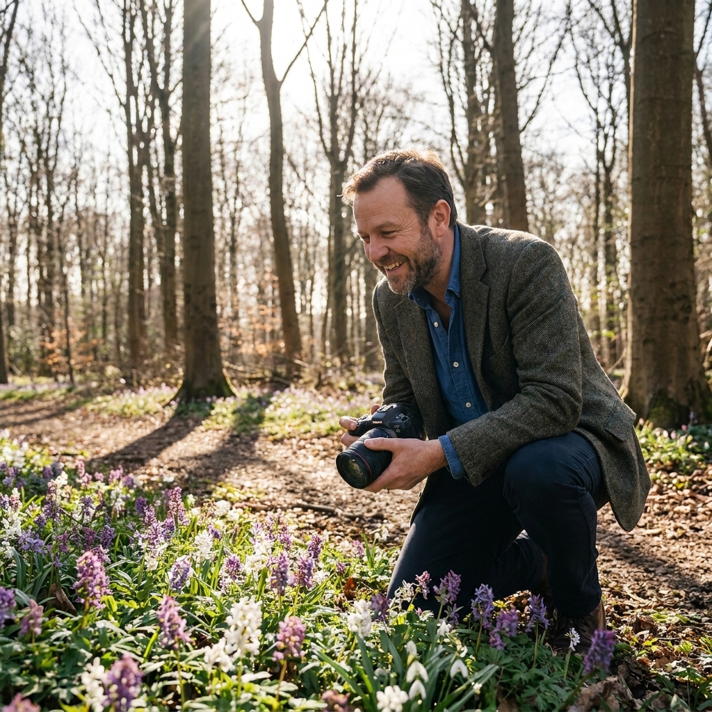 A real photograph of a patch of spring wildflowers blooming on a forest floor with sunlight filtering through leafless trees