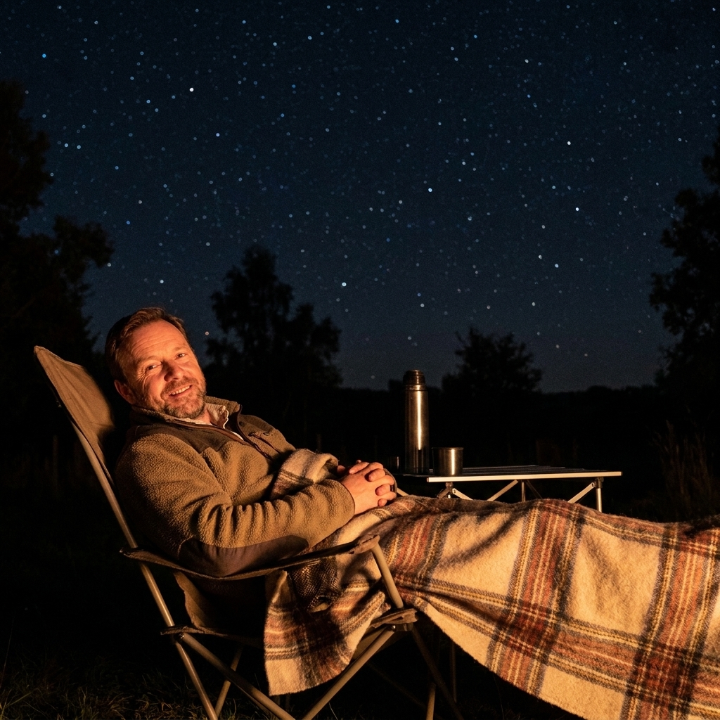A real photograph of a person lying back in a reclining camp chair at night under a starry sky with a blanket and a thermos nearby