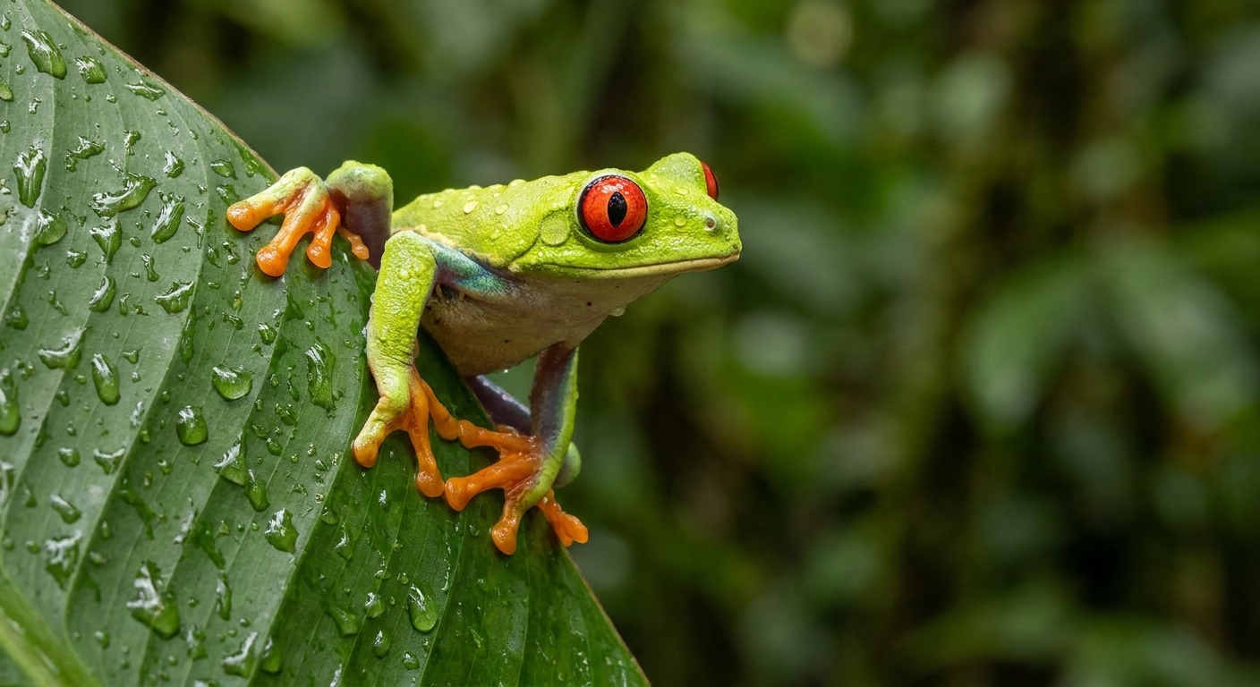 A real photograph of a red-eyed tree frog clinging to a wet green leaf in a rainforest after rain