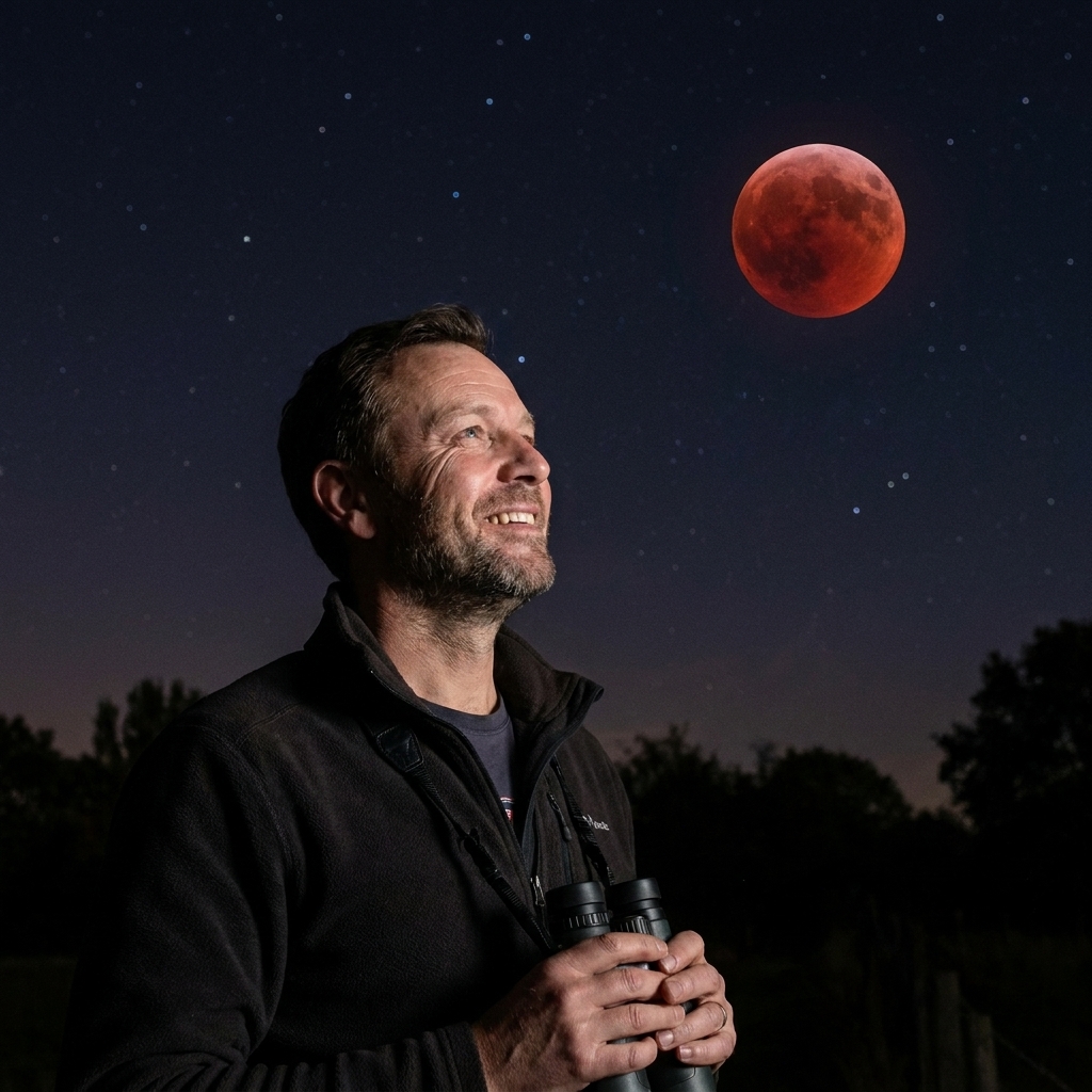 A real photograph of a total lunar eclipse with the Moon appearing deep red against a dark night sky