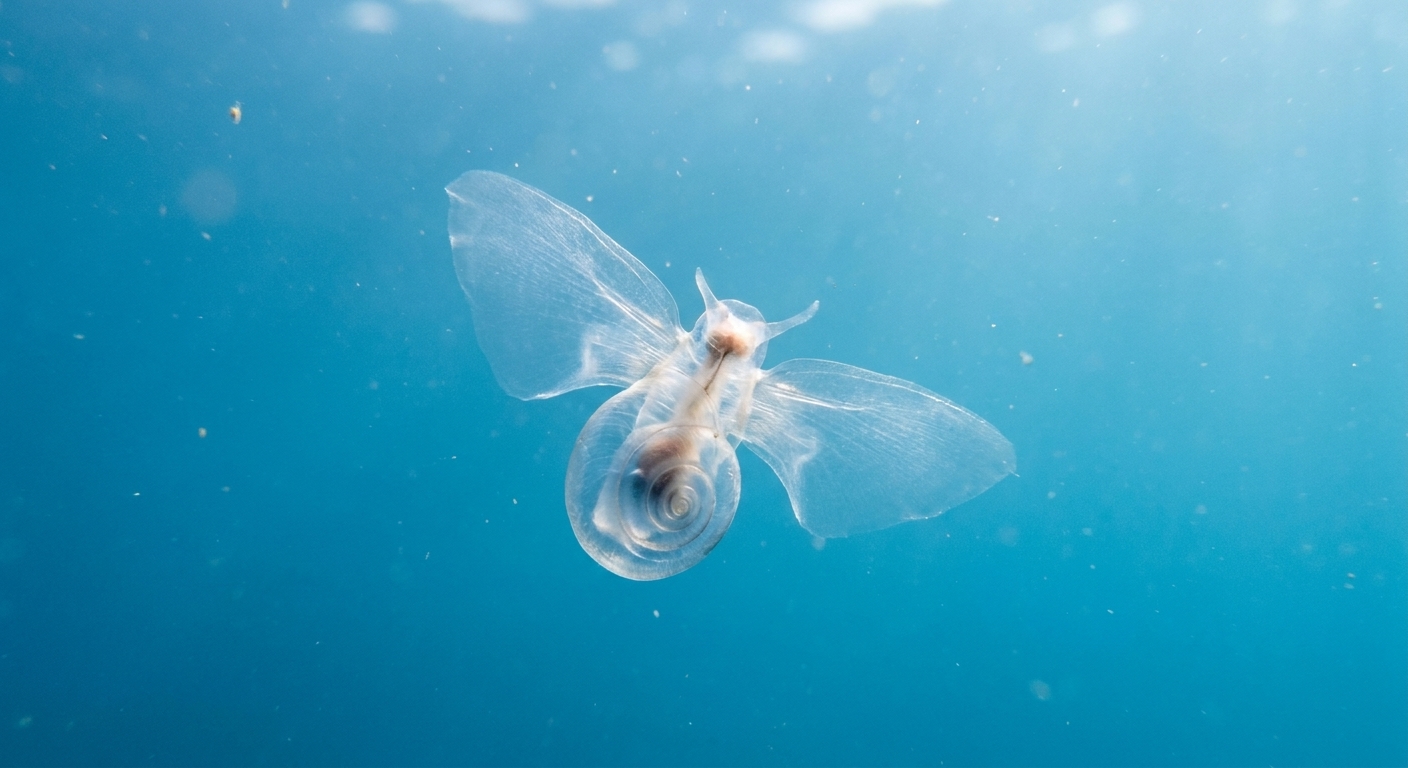 A real photograph of a translucent sea butterfly pteropod floating in blue seawater, with its wing-like lobes extended
