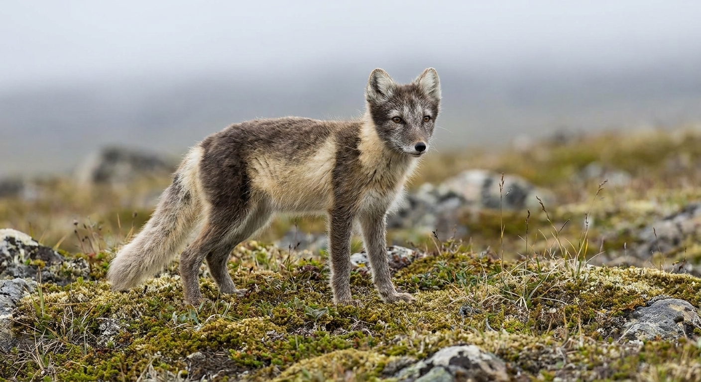 A real photograph of an Arctic fox with a mottled summer coat standing on tundra vegetation under soft daylight