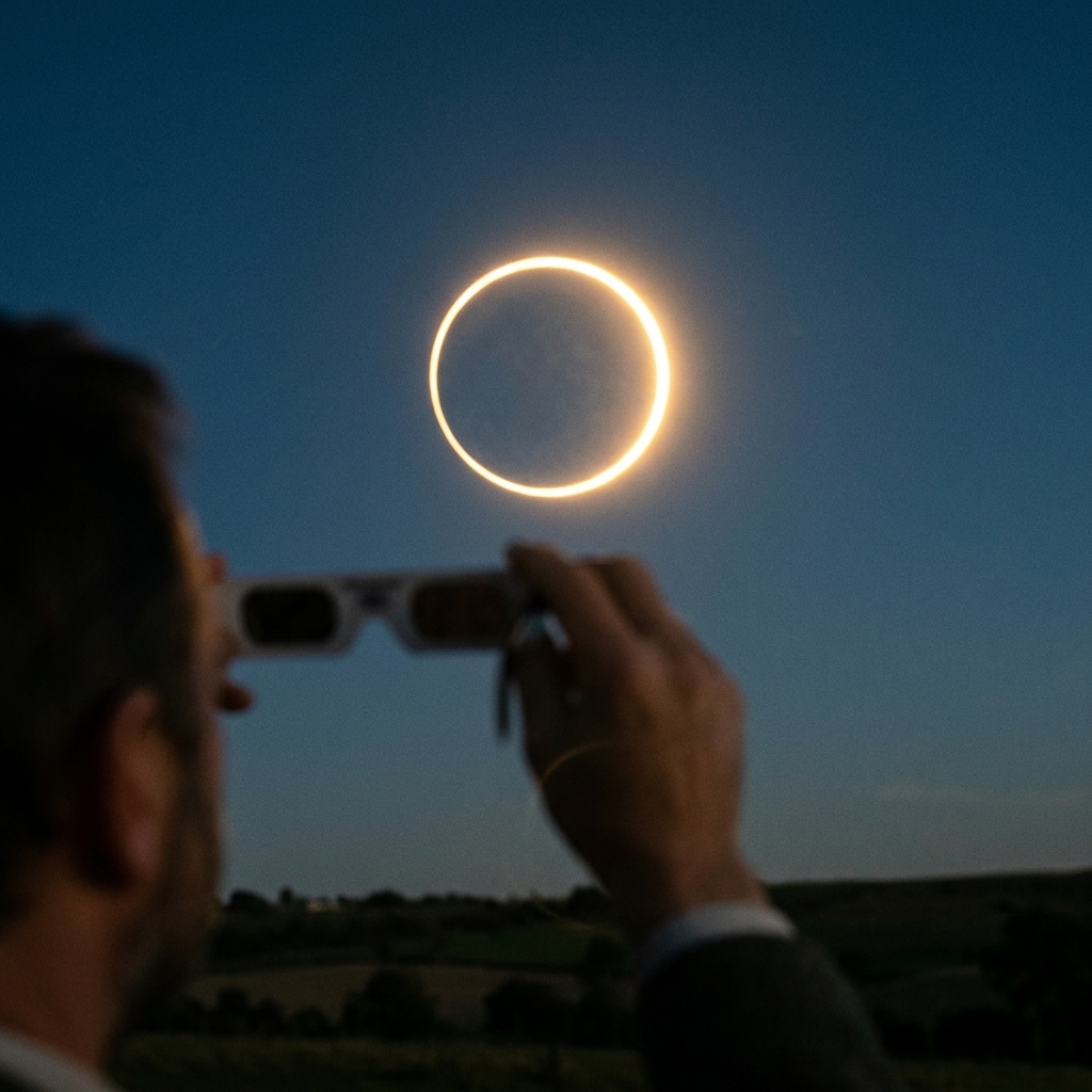A real photograph of an annular solar eclipse showing a thin bright ring of sunlight around the dark Moon