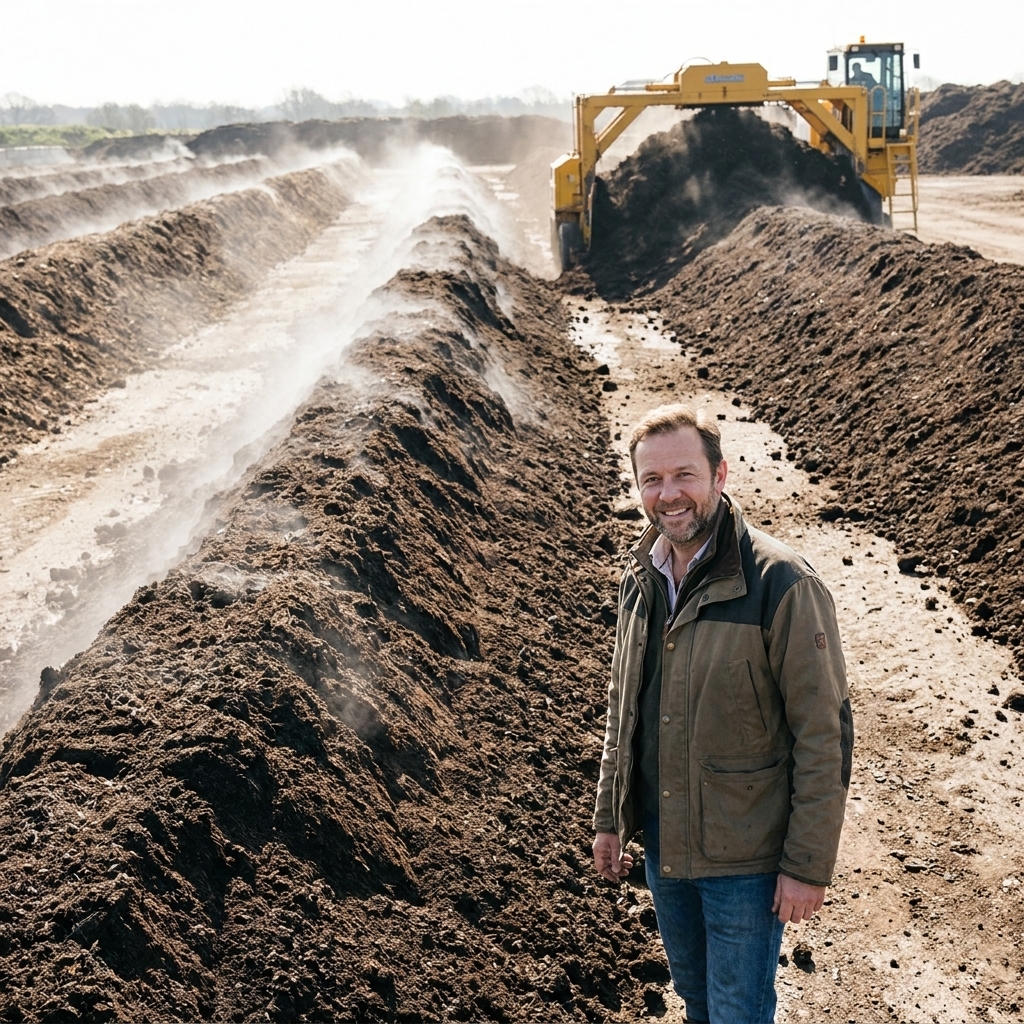 A real photograph of long windrows of compost at an industrial composting site with a turning machine in the distance