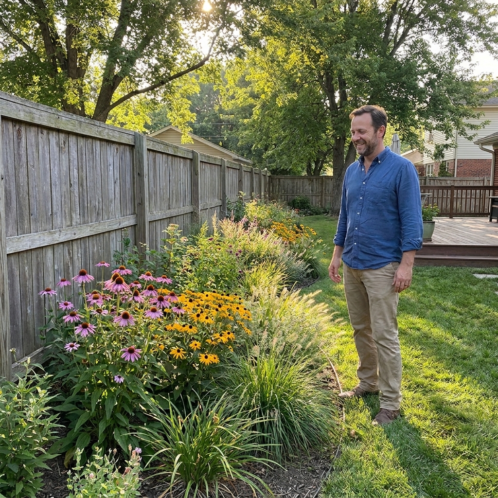 A real suburban backyard with a curved garden bed of native flowers and grasses along a fence line, with sunlight filtering through trees