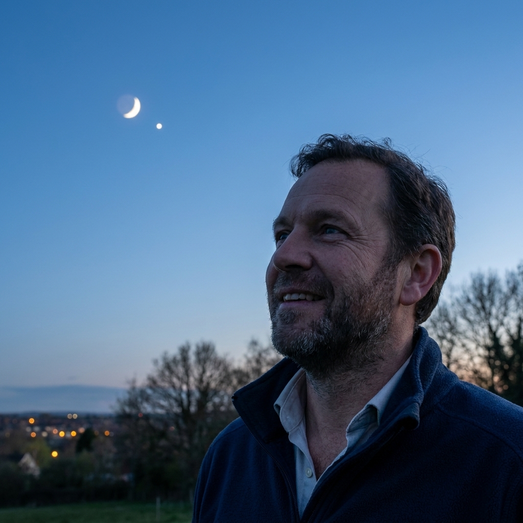 A real twilight photograph with a thin crescent Moon and a bright point of Venus nearby in a deepening blue sky