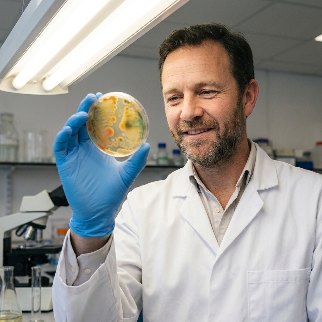 A researcher holding a petri dish with visible bacterial biofilm growth under bright laboratory lighting