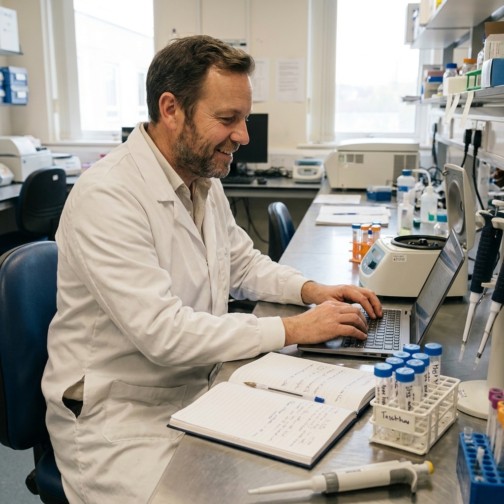 A researcher in a lab coat using a laptop at a lab bench with labeled tubes and a notebook nearby, realistic lab photography