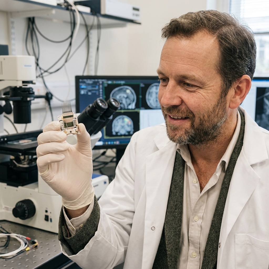 A researcher in a neuroscience lab holding a small implantable device used in visual cortex stimulation studies, with lab equipment in the background