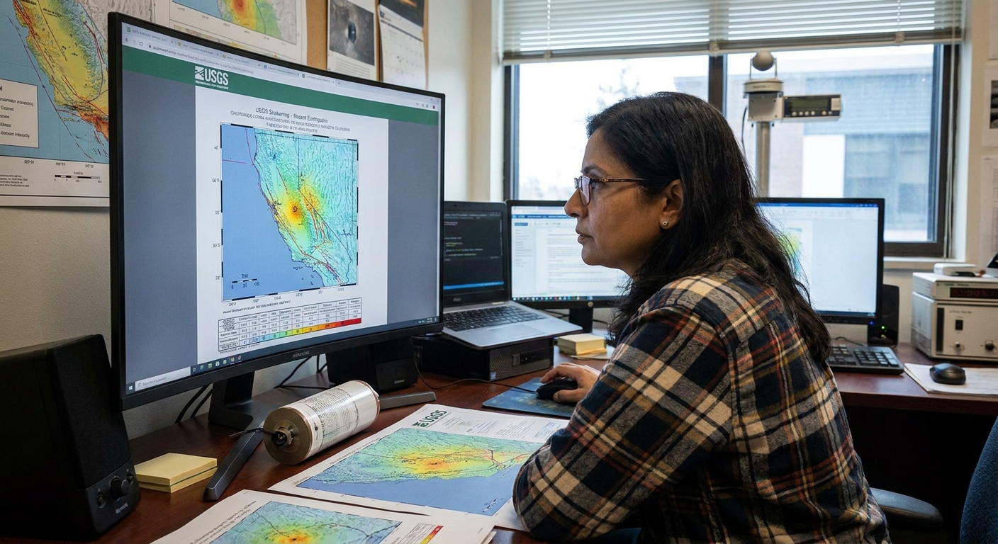 A researcher looking at a large computer monitor displaying an earthquake shaking map in an office with desks and equipment
