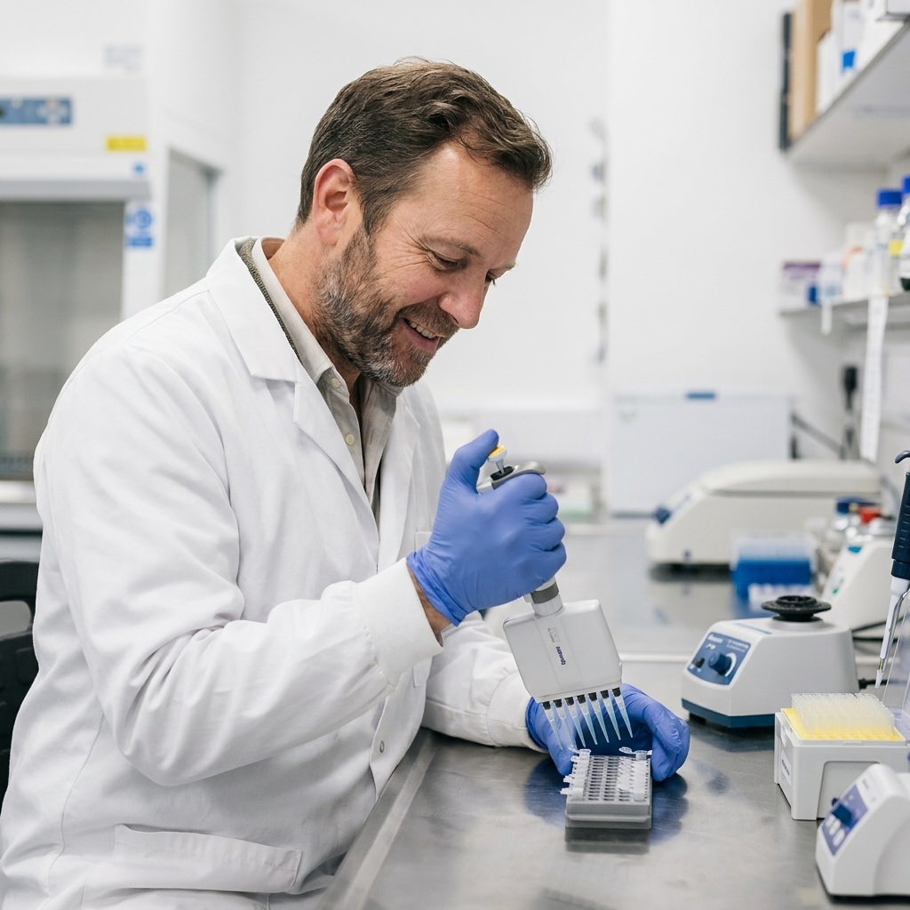 A researcher pipetting liquid into small lab tubes on a sterile lab bench