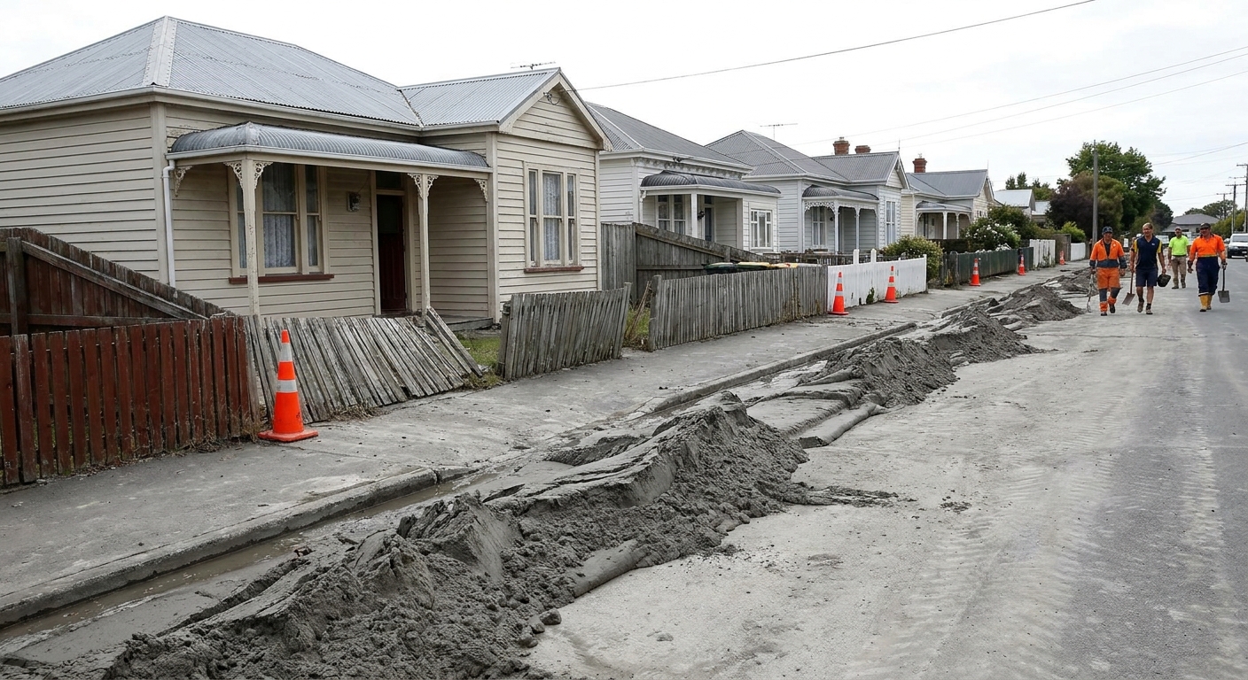 A residential street in Christchurch, New Zealand, with gray liquefaction silt piled along the curb after an earthquake in daylight