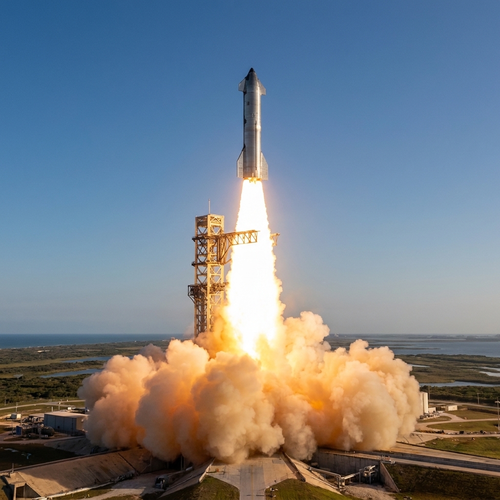 A rocket lifting off from a launch pad with a bright exhaust plume expanding beneath it against a clear sky