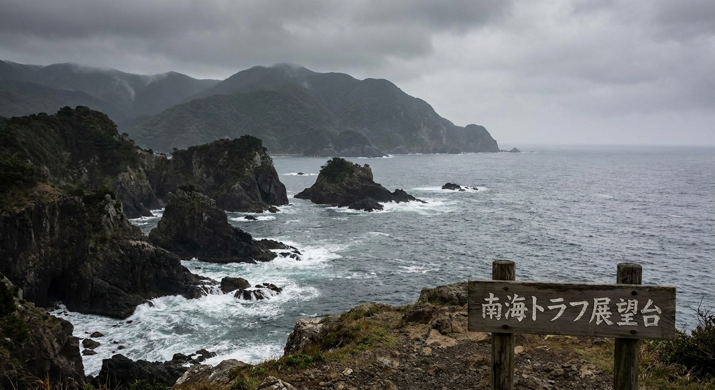 A rocky coastline in Japan with offshore waters and distant mountains, near the Nankai Trough subduction zone under overcast skies