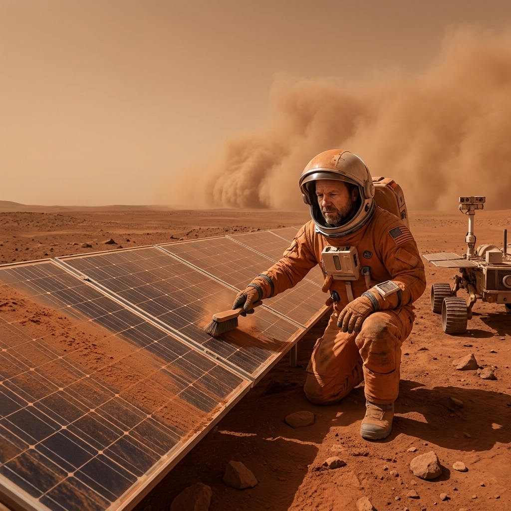 A row of solar panels on Mars partially coated in fine red dust, with a hazy sky and low visibility suggesting a dust storm in the distance