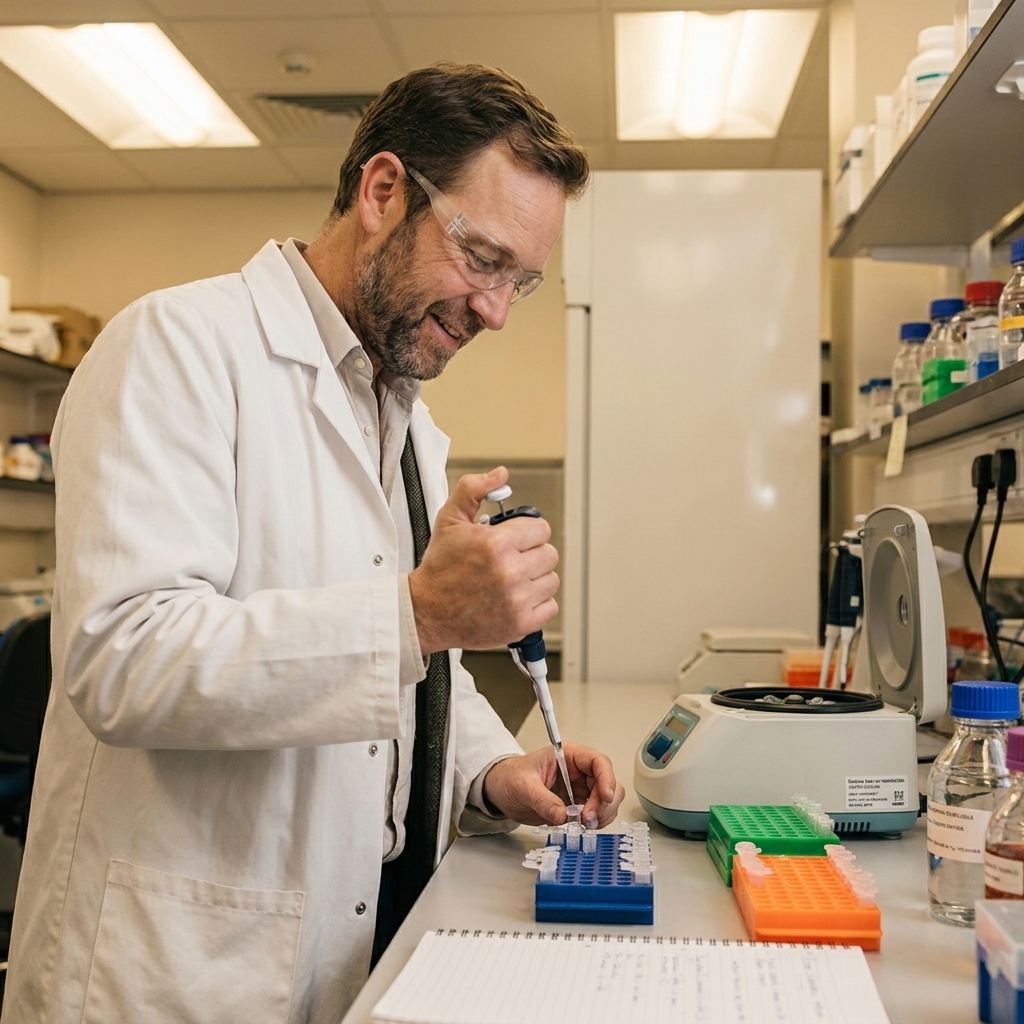 A scientist at a laboratory bench preparing protein samples beside a small centrifuge and racks of microtubes, realistic lab photography