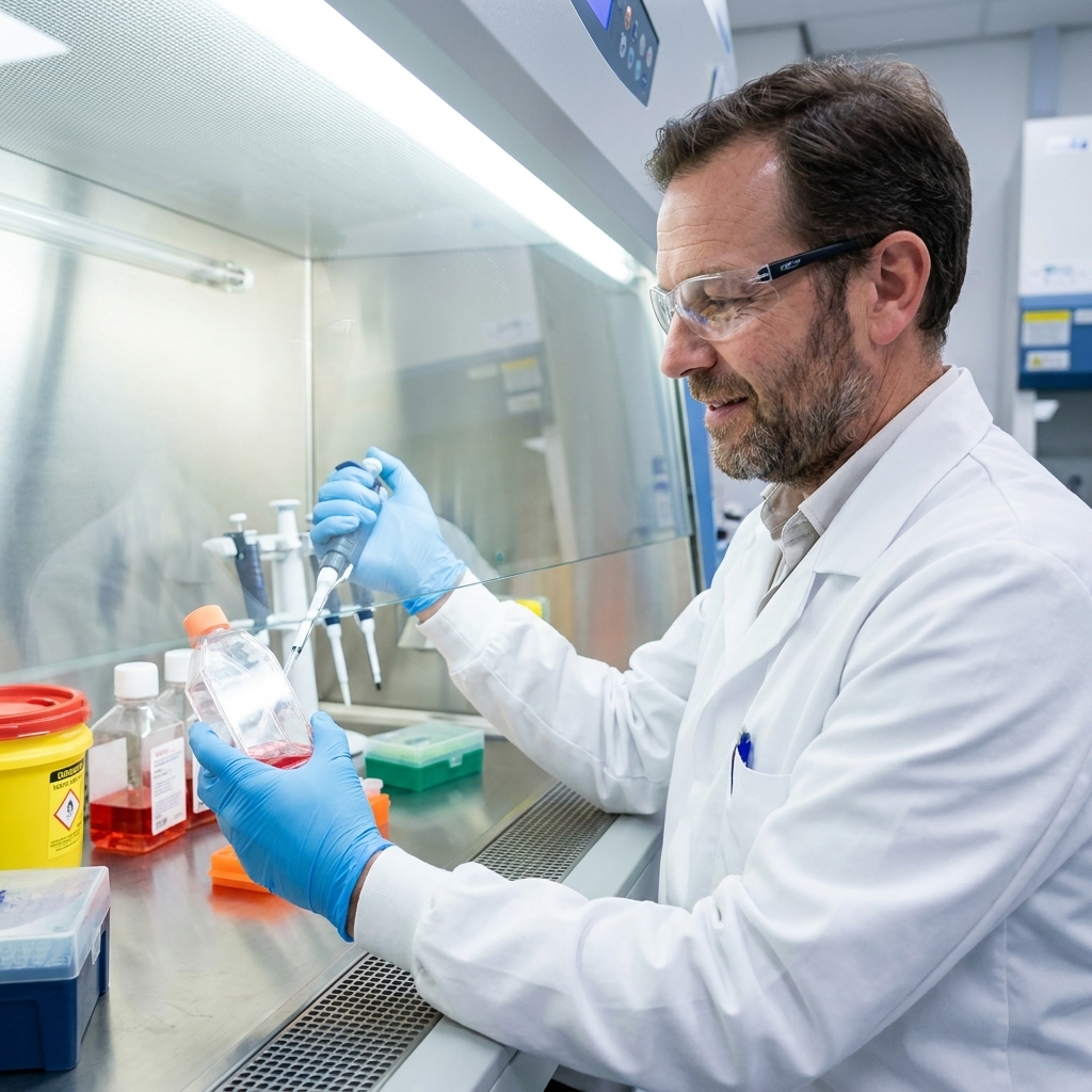 A scientist handling cell culture flasks inside a biosafety cabinet in a cell therapy lab