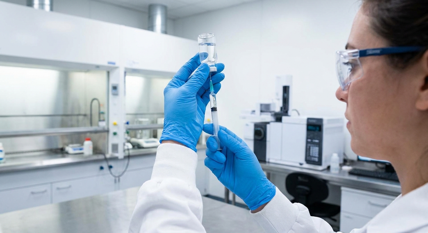 A scientist holds a small vial and a syringe in a clean lab setting, preparing a dose