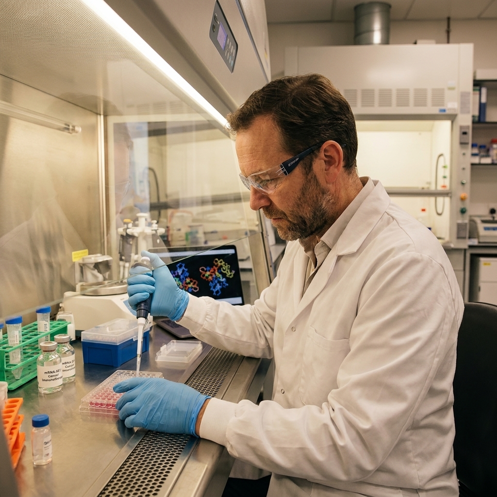 A scientist in a lab coat working with a pipette at a biosafety cabinet, representing research into mRNA-based cancer immunotherapy