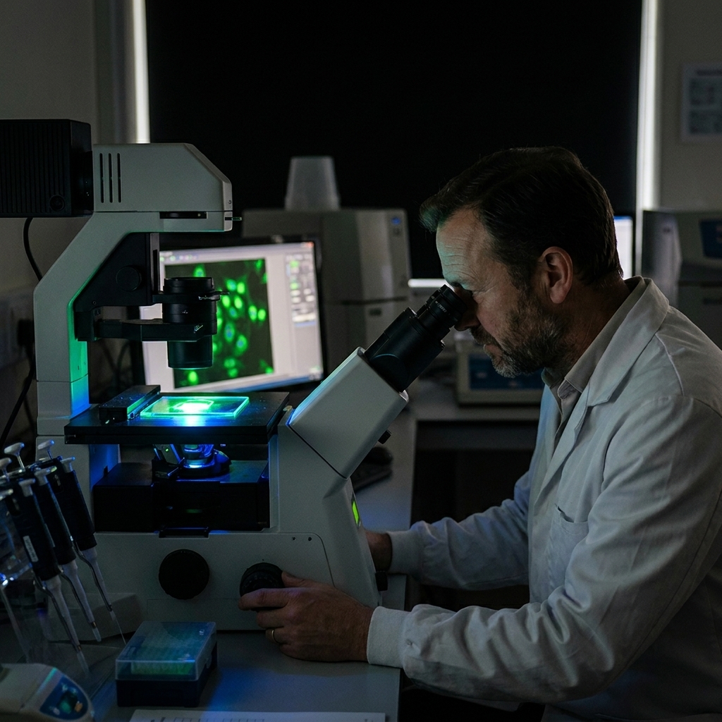 A scientist looking through a fluorescence microscope in a dim laboratory room with the instrument illuminated, realistic lab photography