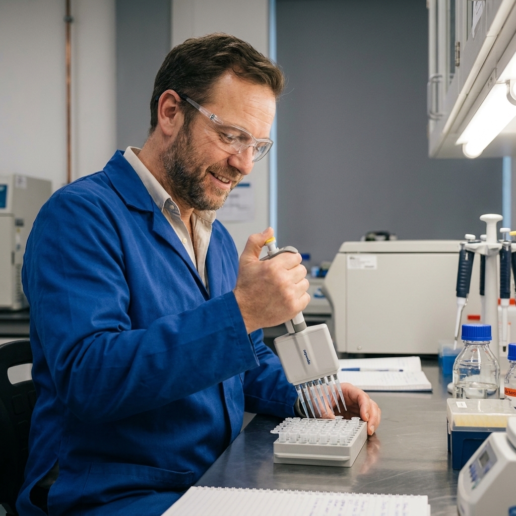 A scientist pipetting clear solutions into small tubes arranged in a rack on a lab bench