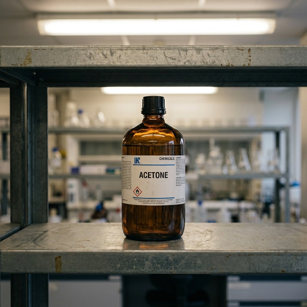 A sealed amber glass bottle used for laboratory chemicals on a metal shelf, lit by overhead lab lighting