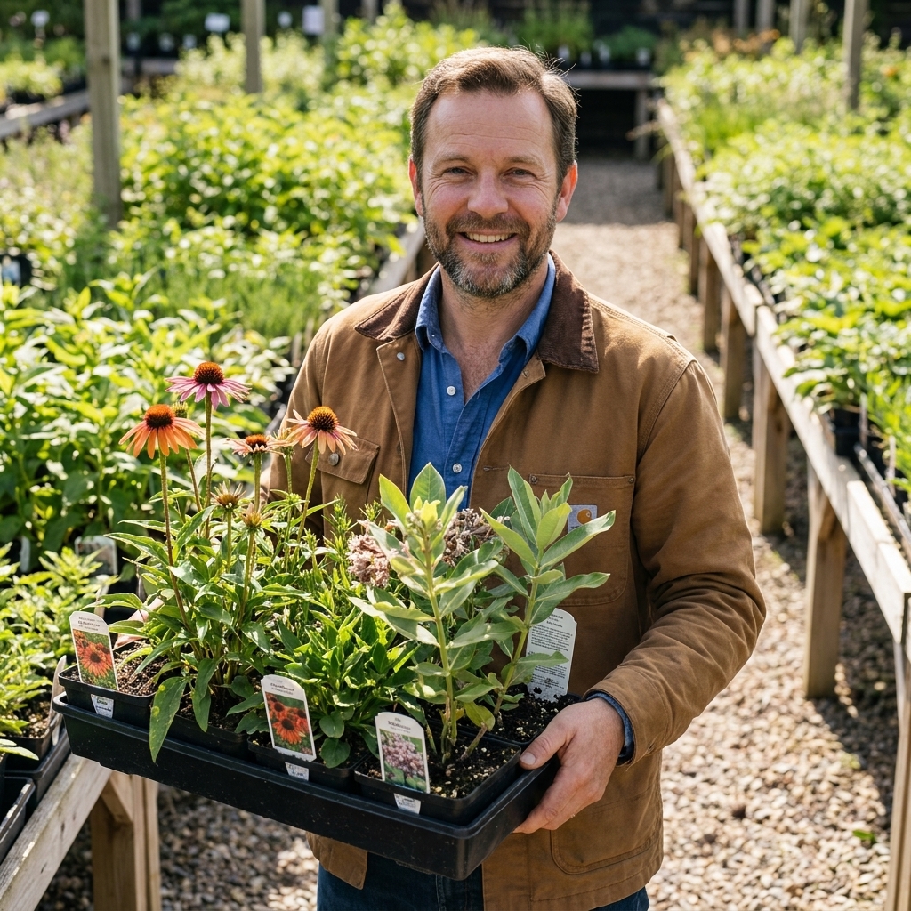 A shopper holding a tray of native perennial plants at an outdoor nursery, with plant tags and green foliage visible