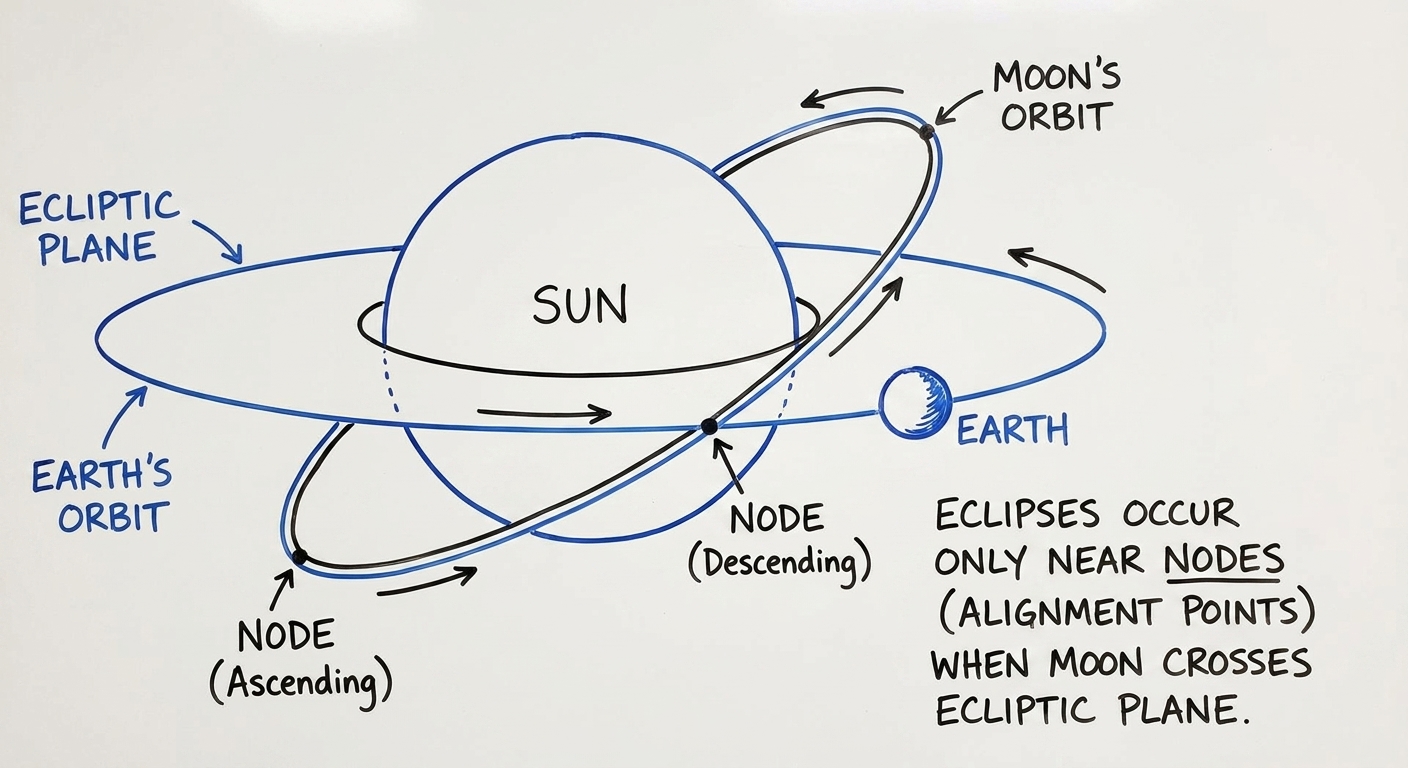 A simple diagram showing the Moon’s tilted orbit crossing the ecliptic plane at two nodes, explaining why eclipses only occur near those alignment points