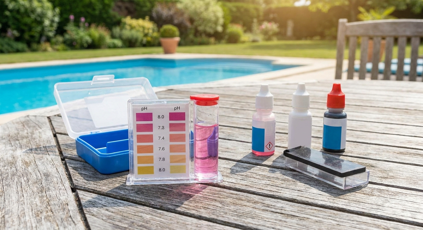 A simple pool pH test kit on an outdoor table with a small clear vial of water showing a pinkish color