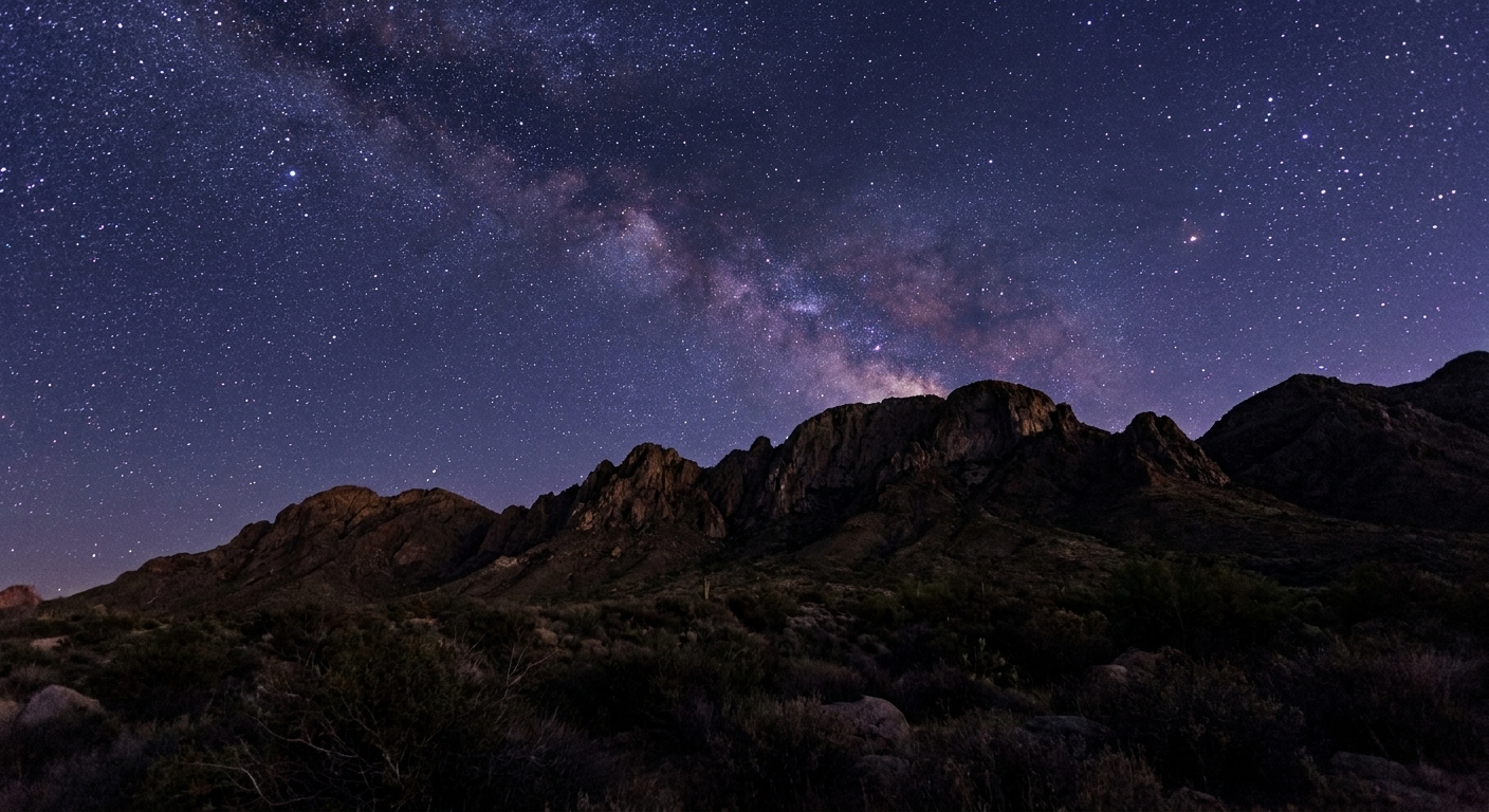 A single photograph of a night landscape with a dark mountain ridge silhouette in the foreground and a star-filled sky above