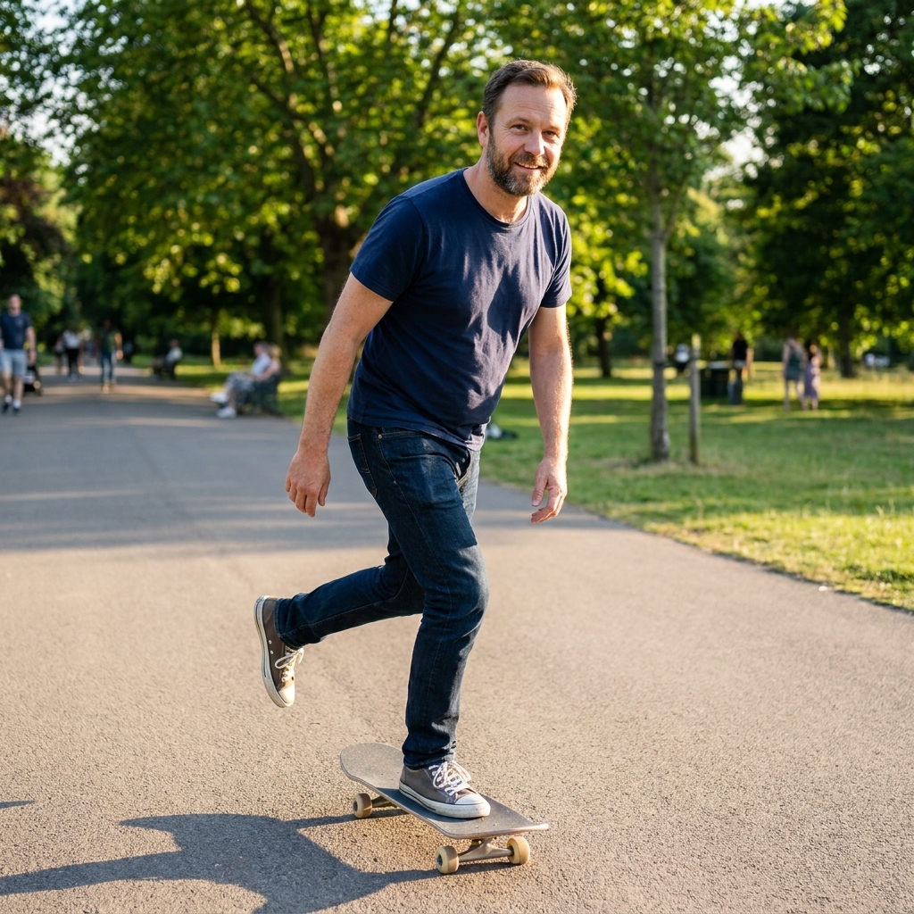 A skateboarder pushing off with one foot on a smooth paved path in a park on a sunny afternoon