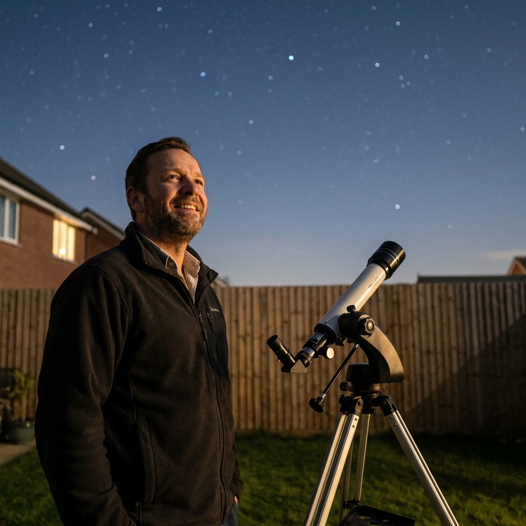 A small backyard telescope sits on grass under a clear sky while a person stands nearby looking up at the stars