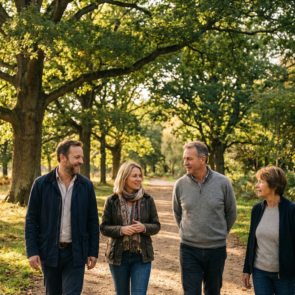 A small group of adults in their 30s to 60s walking together on a tree-lined park path in daylight