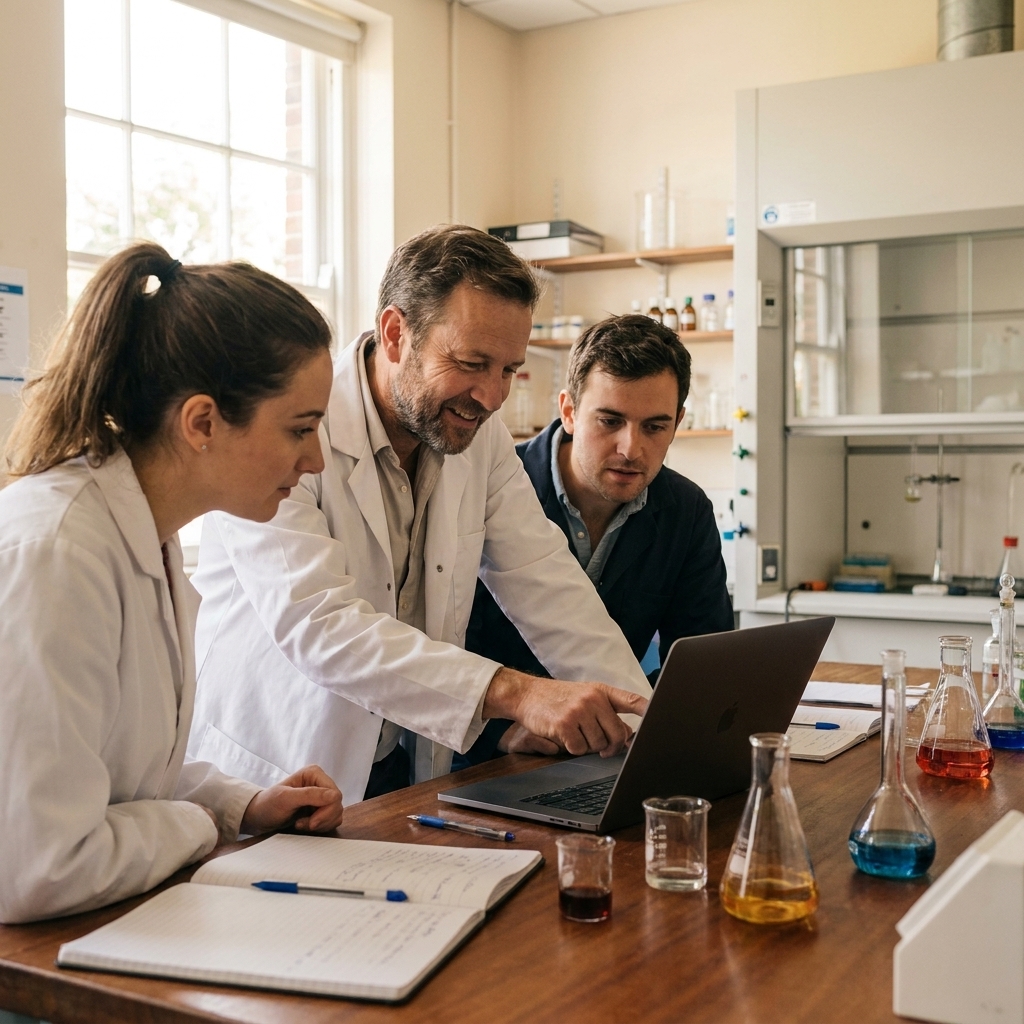A small group of scientists in a laboratory discussing results around a laptop at a bench with glassware and notebooks nearby, realistic lab photography